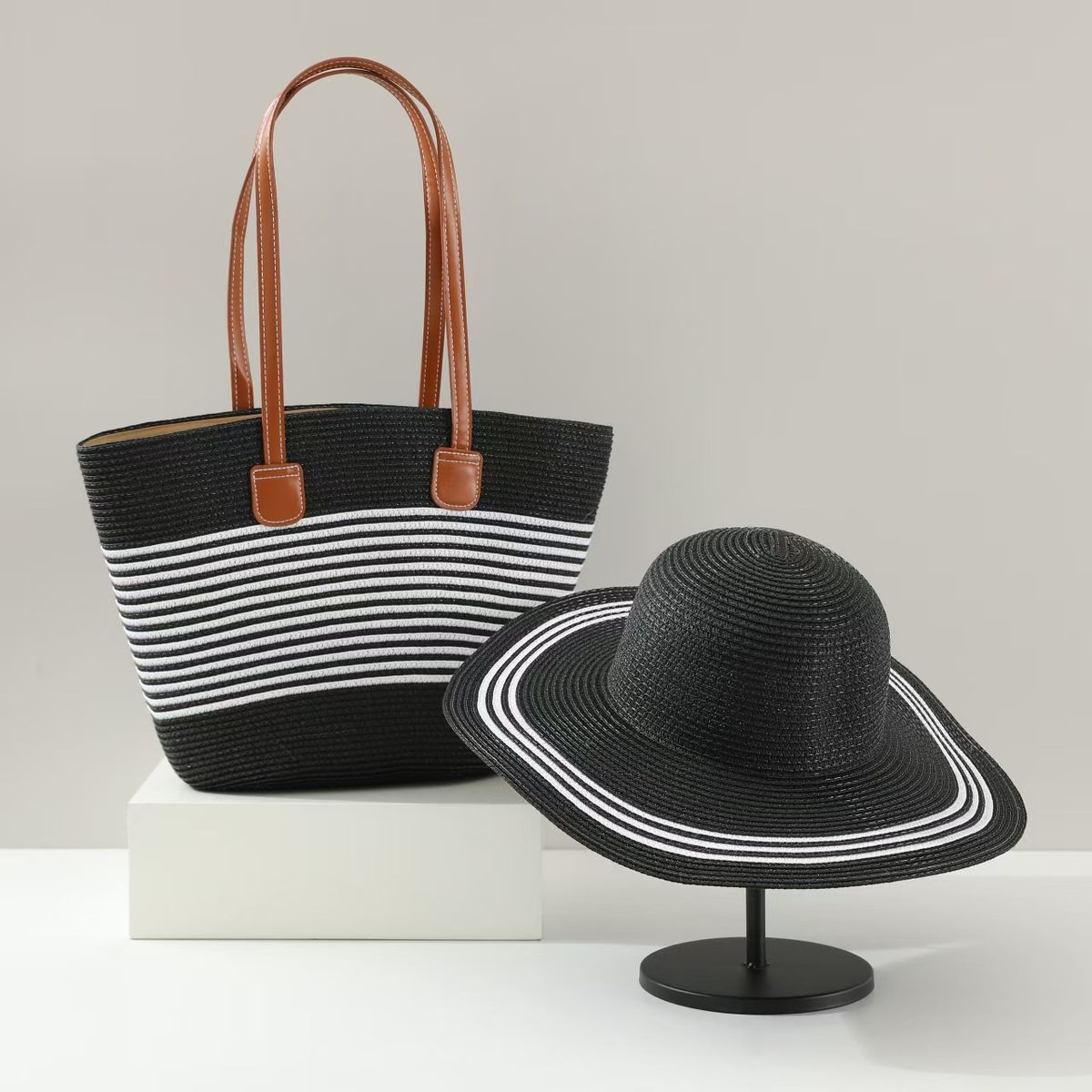 Manufacturers Supply Hot Selling Straw Hat Straw Bag Two Piece Set Sun Hat Large Brim Large Capacity Tote Bag Set Beach Bag Summer Set_viptrois.com