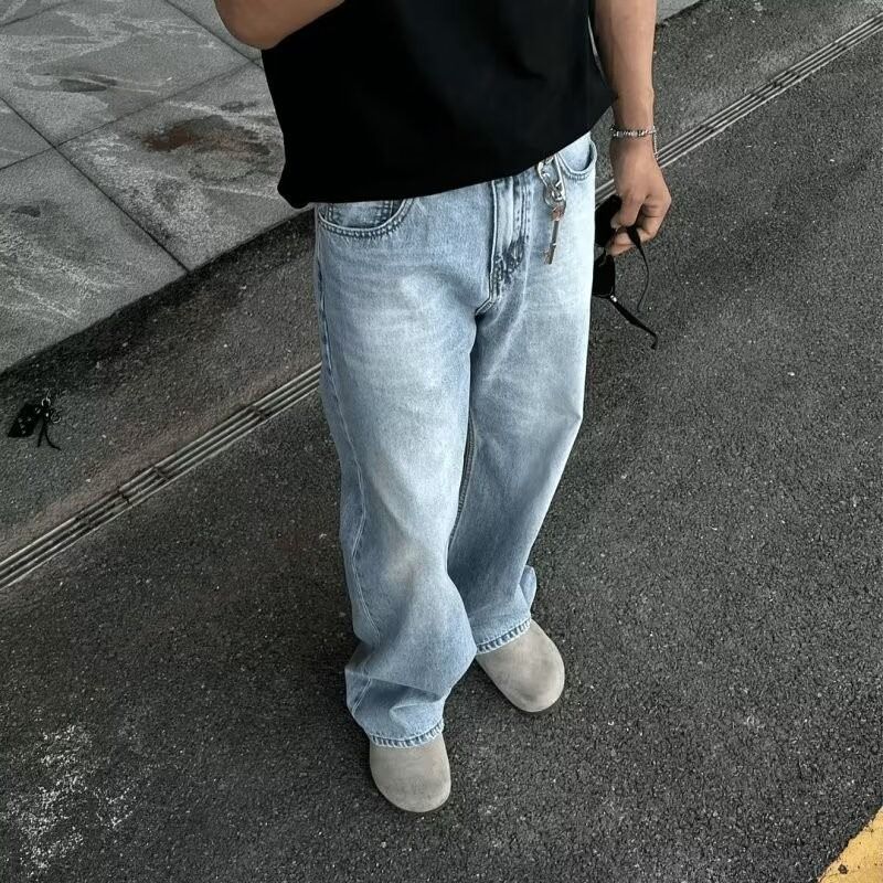 Boy Washed Vintage Casual Jeans For Men Straight Loose European And American High Street Style Long Pants_viptrois.com