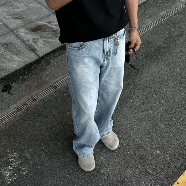 Boy Washed Vintage Casual Jeans For Men Straight Loose European And American High Street Style Long Pants_viptrois.com