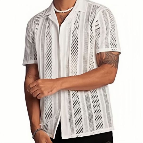 Men's Clothing 2025 European And American Cross Border Men's Clothing New Products Casual Button Knitted Short Sleeved Shirt Hollow Top Shirt_viptrois.com