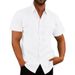 Men's Clothing Short Sleeved Shirt Solid Color Patch Pocket Cardigan Loose Lapel Linen Shirt_viptrois.com