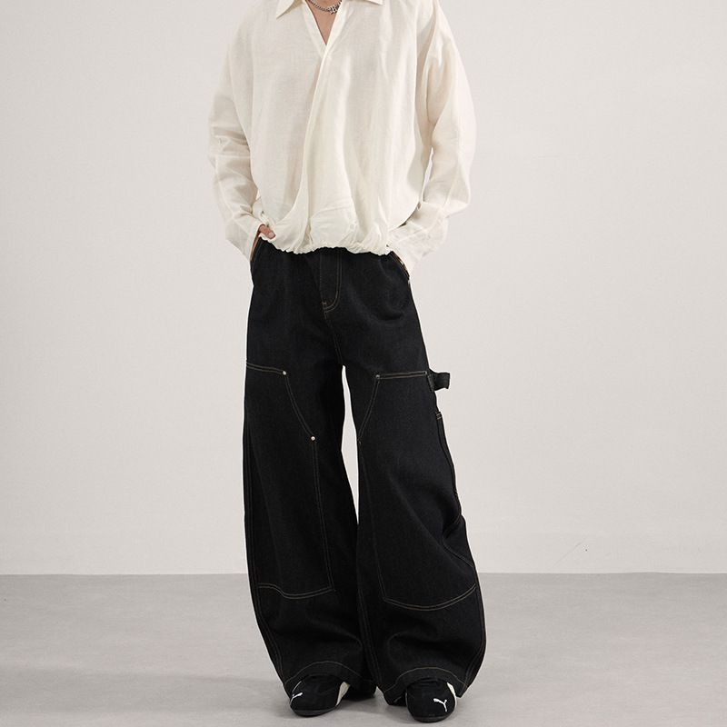 Vintage Raw Hem Black Double-Knee Workwear Jeans Relaxed Fit Utility Pants for Men And Women_viptrois.com