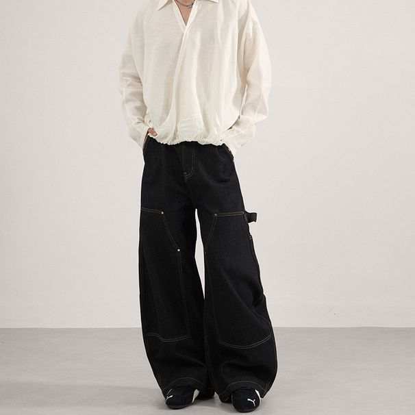 Vintage Raw Hem Black Double-Knee Workwear Jeans Relaxed Fit Utility Pants for Men And Women_viptrois.com