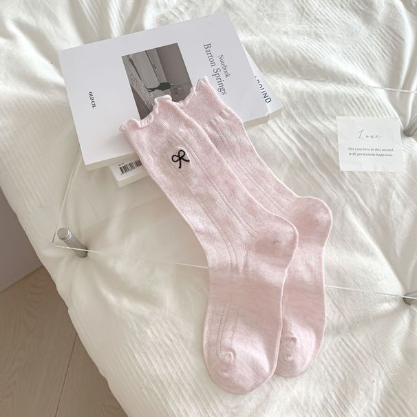 Women's Sweet Lace-Trimmed Crew Socks – Bow Embroidery & Diamond Mesh Design – Soft Cotton & Breathable Fit – Casual & Feminine Style_viptrois.com