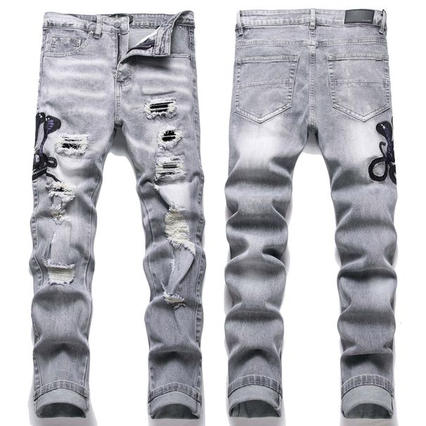 European Style Light Blue Distressed Embroidered Jeans Men's Trendy Stretch Slim Fit American High Street Long Pants_viptrois.com