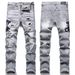 Men's Light Blue Ripped Embroidered Skinny Jeans Trendy Low Waist Slim Fit Trousers With Slight Stretch For High Street Style_viptrois.com