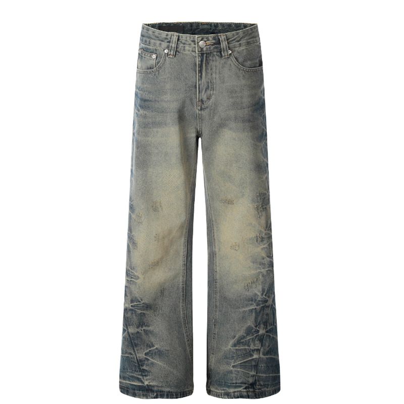 Men's Clothing Subculture Distressed Washed Pleated Washed Jeans Straight Leg Personality Trendy Casual Trousers_viptrois.com