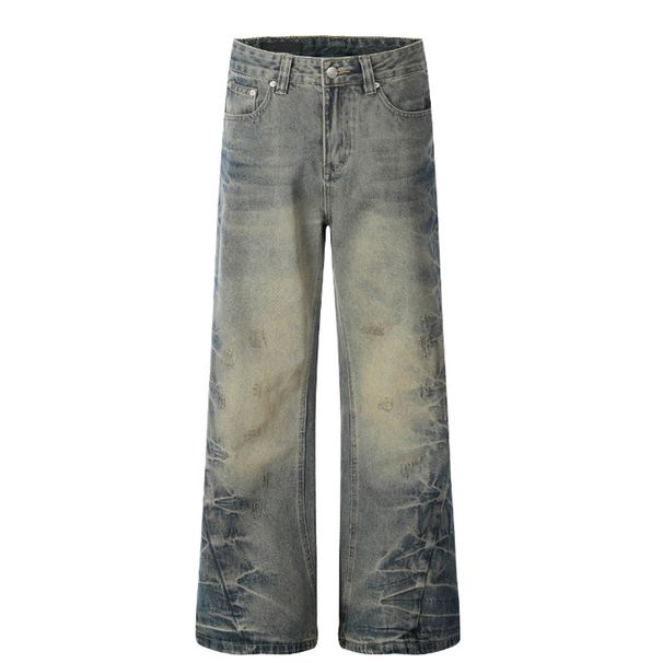 Men's Clothing Subculture Distressed Washed Pleated Washed Jeans Straight Leg Personality Trendy Casual Trousers_viptrois.com