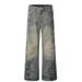 Men's Clothing Subculture Distressed Washed Pleated Washed Jeans Straight Leg Personality Trendy Casual Trousers_viptrois.com
