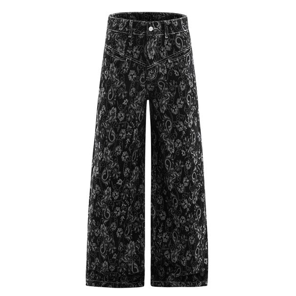 Cahew Flower Full Print Jacquard Denim Men' American High Street Trend Niche Wide Leg Looe Straight Floor-Length_viptrois.com