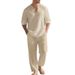 Men's Autumn Casual Beach V Neck Long Sleeve Top And Loose Linen Trouser Suit_viptrois.com