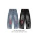 Men's Clothing Heavy Craft Embroidery Retro Red Checkered Patch Stitching Distressed Washed Black Wide Leg Jeans Drape Mopping Pants_viptrois.com