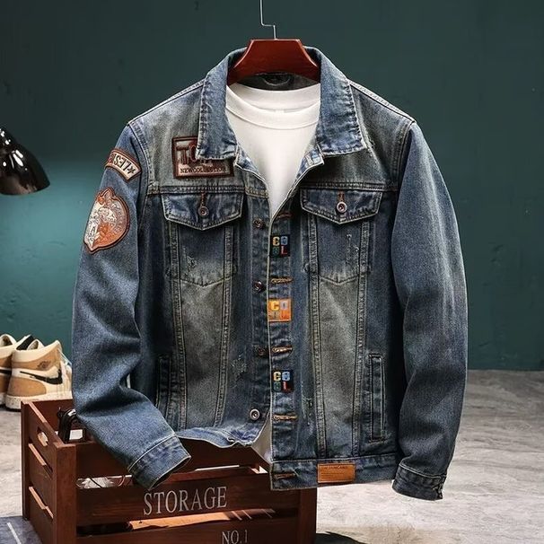 Retro Denim Jacket For Men, Autumn And Winter, Thick And Loose, Trendy Embroidered Workwear Jacket_viptrois.com