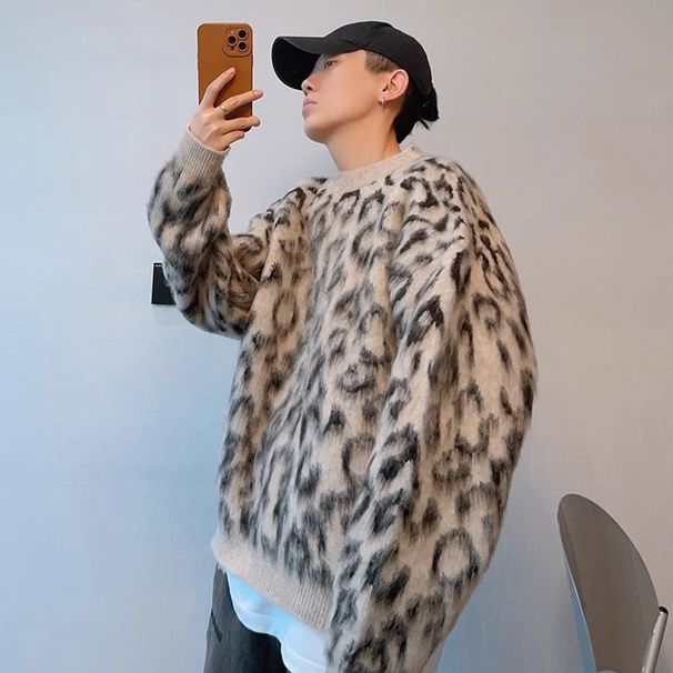 Winter Vintage Interior Knit Sweater For Men, Loose Leopard Print Sweater_viptrois.com