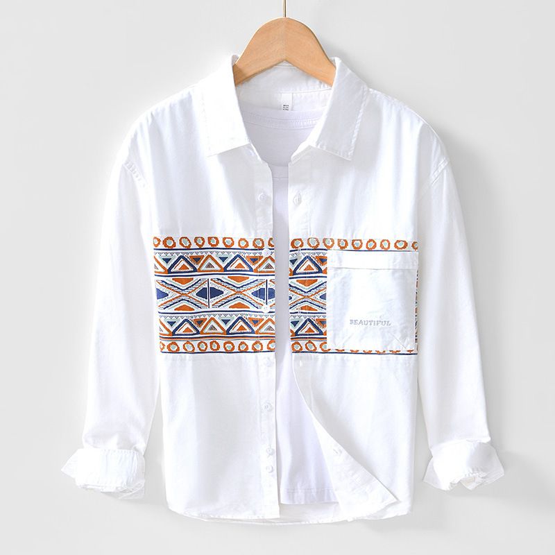 Autumn Retro Casual Color Blocked Long Sleeved Shirt With Personalized Printed Pure Cotton Comfortable Shirt_viptrois.com