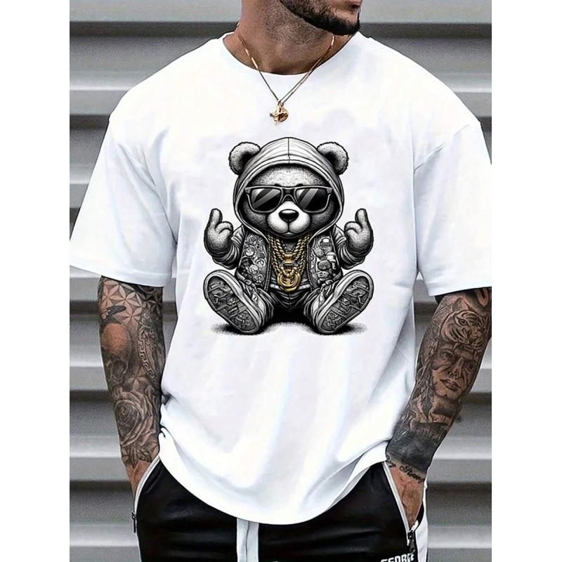 Camiseta Manga Corta Con Cuello Redondo Y Estampado Oso De Dibujos Animados Para Hombres, Verano_viptrois.com