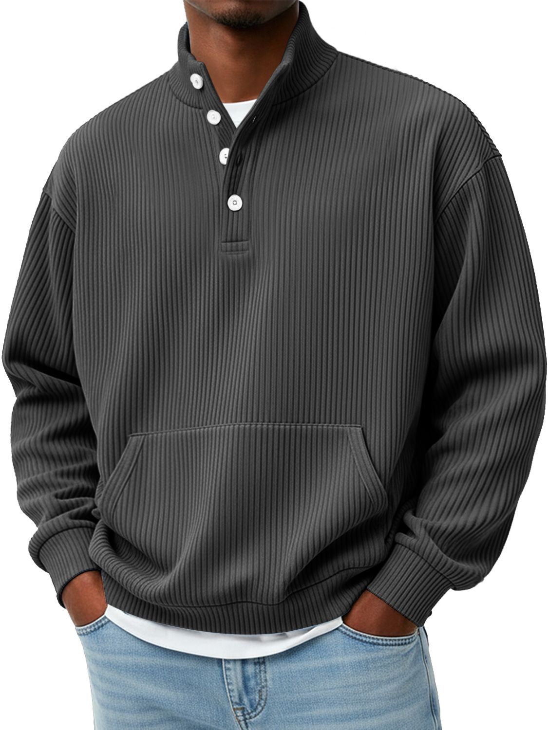 Men's High-Neck 4-Button Sweatshirt – Oversized Euro Fit Long Sleeve Pullover In Sky Blue/Green/Grey/Apricot/White/Royal Blue/Black/Burgundy_viptrois.com