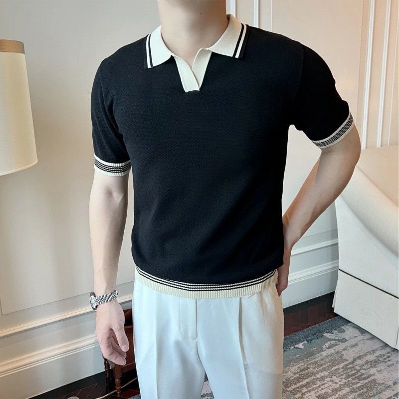 Men's Retro Contrast Color Polo Shirt - High-End Knitted Lapel Design | Summer Short Sleeve | Trendy Slim Fit_viptrois.com