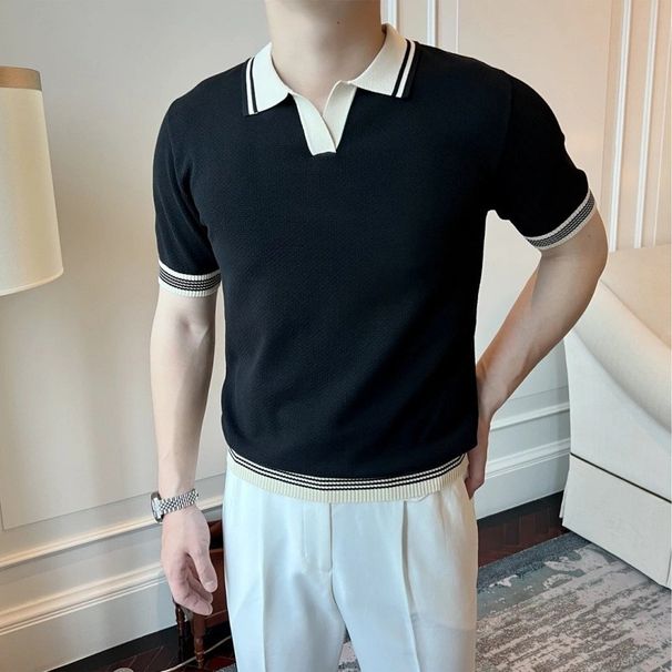 Men's Retro Contrast Color Polo Shirt - High-End Knitted Lapel Design | Summer Short Sleeve | Trendy Slim Fit_viptrois.com