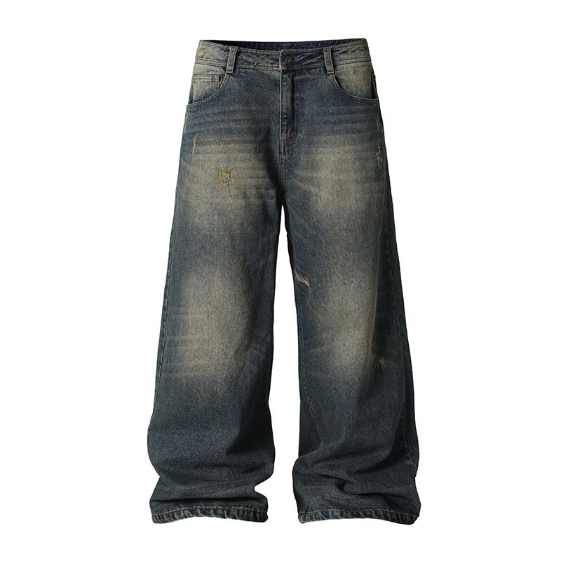 2025 Spring And Autumn Washed American Jeans Men's Trendy Brand Cat Beard Punched Loose Straight Long Wide Leg Floor_viptrois.com