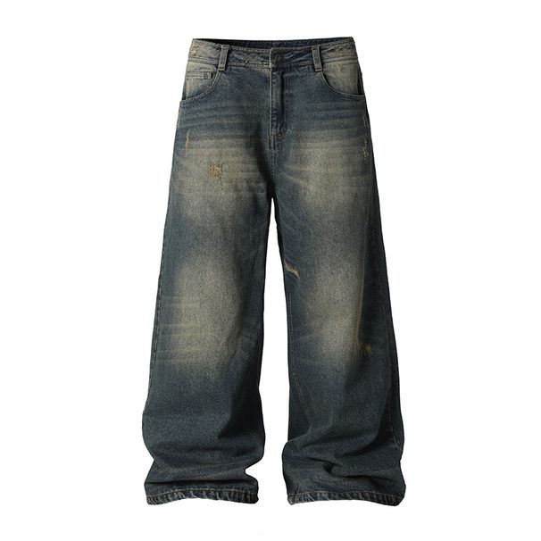 2025 Spring And Autumn Washed American Jeans Men's Trendy Brand Cat Beard Punched Loose Straight Long Wide Leg Floor_viptrois.com