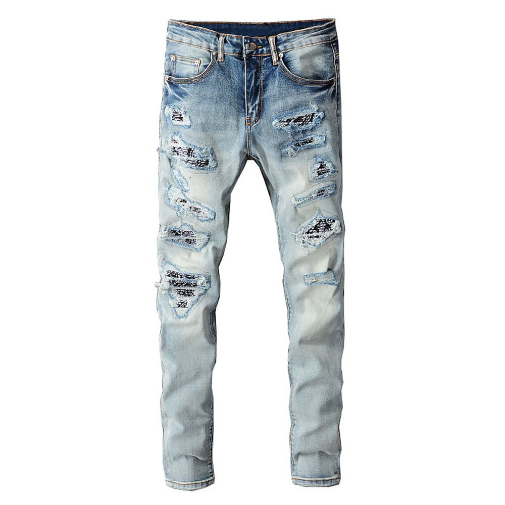 Men's Clothing High Street Fashion Brand Men's Clothing Trend Men's Slim Elastic Knee Hole Patch Jeans Skinny Pants_viptrois.com