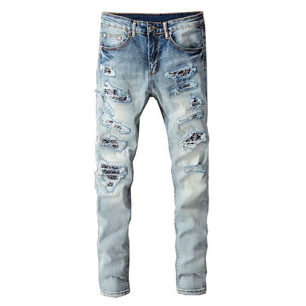 Men's Clothing High Street Fashion Brand Men's Clothing Trend Men's Slim Elastic Knee Hole Patch Jeans Skinny Pants_viptrois.com