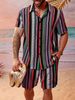 Men's Clothing Summer Men's Shirt Set Hawaiian Stripe 3D Printing Outdoor Short Sleeve Shorts 2 Piece Set Cross Border_viptrois.com