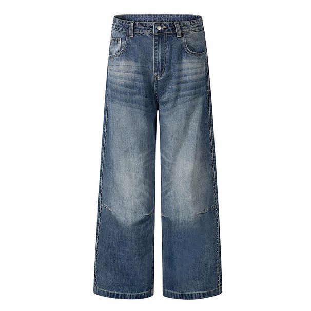 Distressed Washed White Denim Wide-Leg Men's Hip-Hop Trend Heavy-Duty Rivet Decorative Design Straight-Leg Pants_viptrois.com