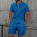 2025 Men Europe And The United States New Summer Waffle Solid Color Zip-up Lapel Short-sleeve Suit Shorts Two Sets_viptrois.com