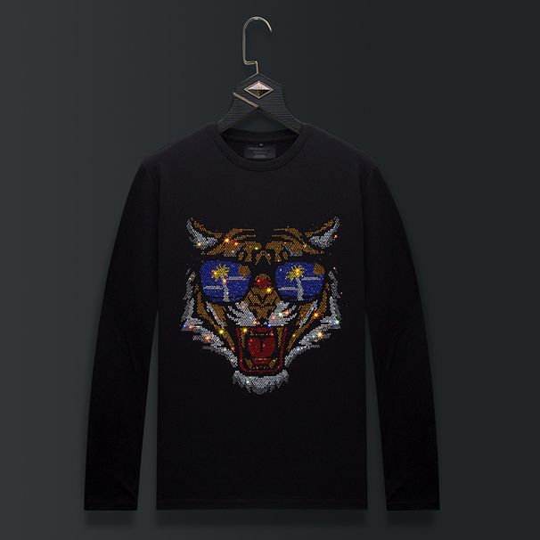 Men's Clothing Hot Diamond Tiger Head Long Sleeved T Shirt Modal T Shirt Large Size Top_viptrois.com