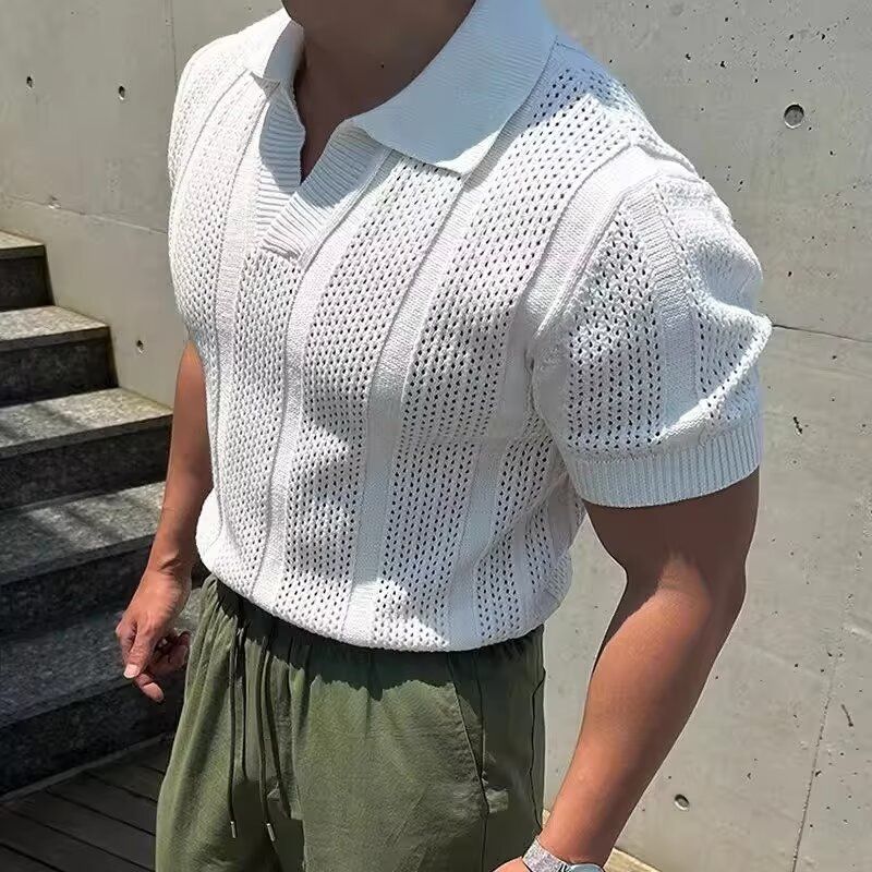 Men's Clothing Mercerized Cotton Ice Silk Polo Shirt Breathable Hollow Short Sleeved Sweatshirt Lapel Mesh Tight Sleeve Knitted T Shirt_viptrois.com