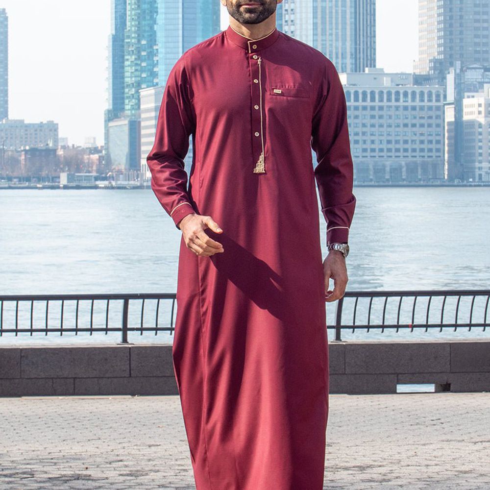 Men's Traditional Saudi Arabian Middle Eastern Style Long Sleeved Robe Red Embroidered Prayer Clothing Muslim Fashion_viptrois.com