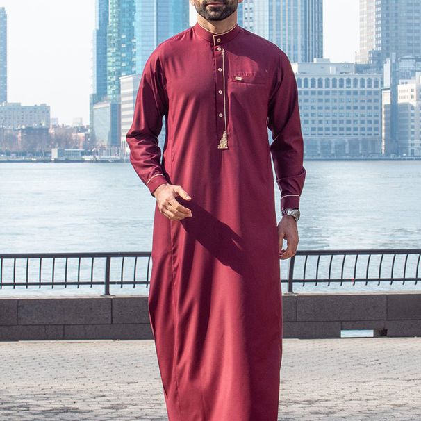 Men's Traditional Saudi Arabian Middle Eastern Style Long Sleeved Robe Red Embroidered Prayer Clothing Muslim Fashion_viptrois.com