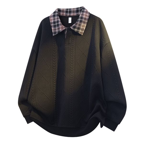 Oversized Plaid Collar Sweatshirt For Men – Vintage Jacquard Pullover, Long Sleeve Loose Fit (Sizes M-8XL, Black/White/Charcoal/Beige)_viptrois.com