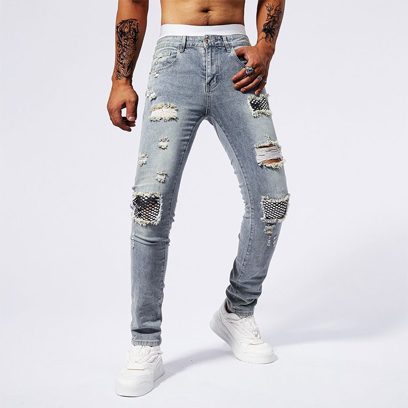 Men's Premium Distressed Denim Jeans With Patchwork Details - Vintage Wash Tapered Fit Streetwear Pants_viptrois.com