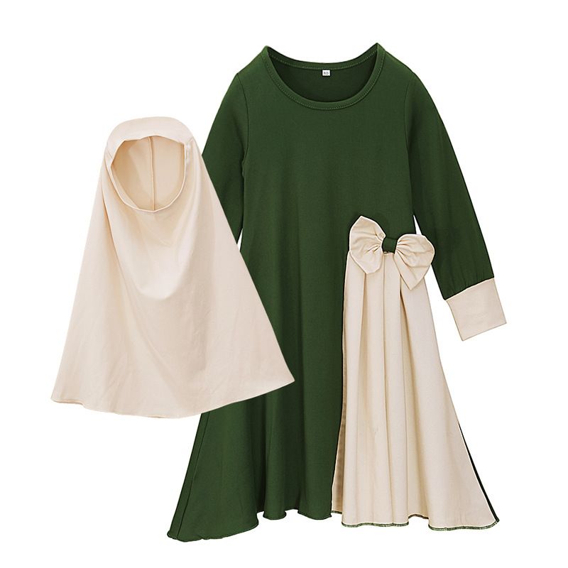 Kids’ Clothing Girls Spring And Autumn Long Sleeved Bow Dress Headscarf Two Piece Children's Clothing Ins Set_viptrois.com