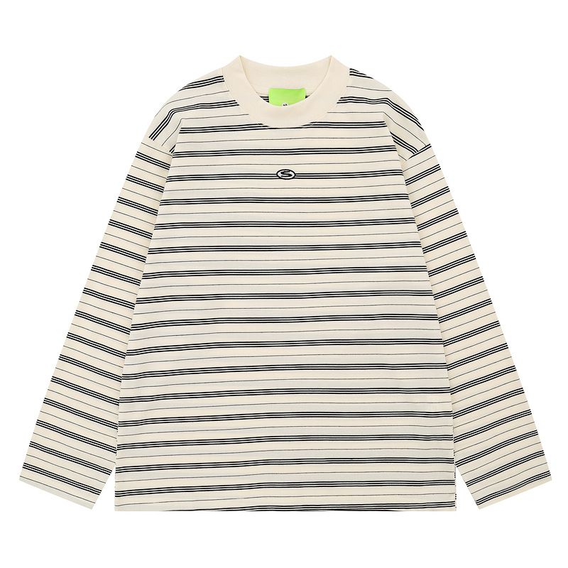 Korean Version Of Simple And Casual Wear Green Contrasting Stripes Casual Retro Loose Long-sleeved T-shirt Men's And Women's Autumn Tops_viptrois.com