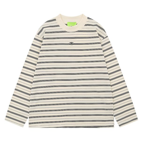Korean Version Of Simple And Casual Wear Green Contrasting Stripes Casual Retro Loose Long-sleeved T-shirt Men's And Women's Autumn Tops_viptrois.com
