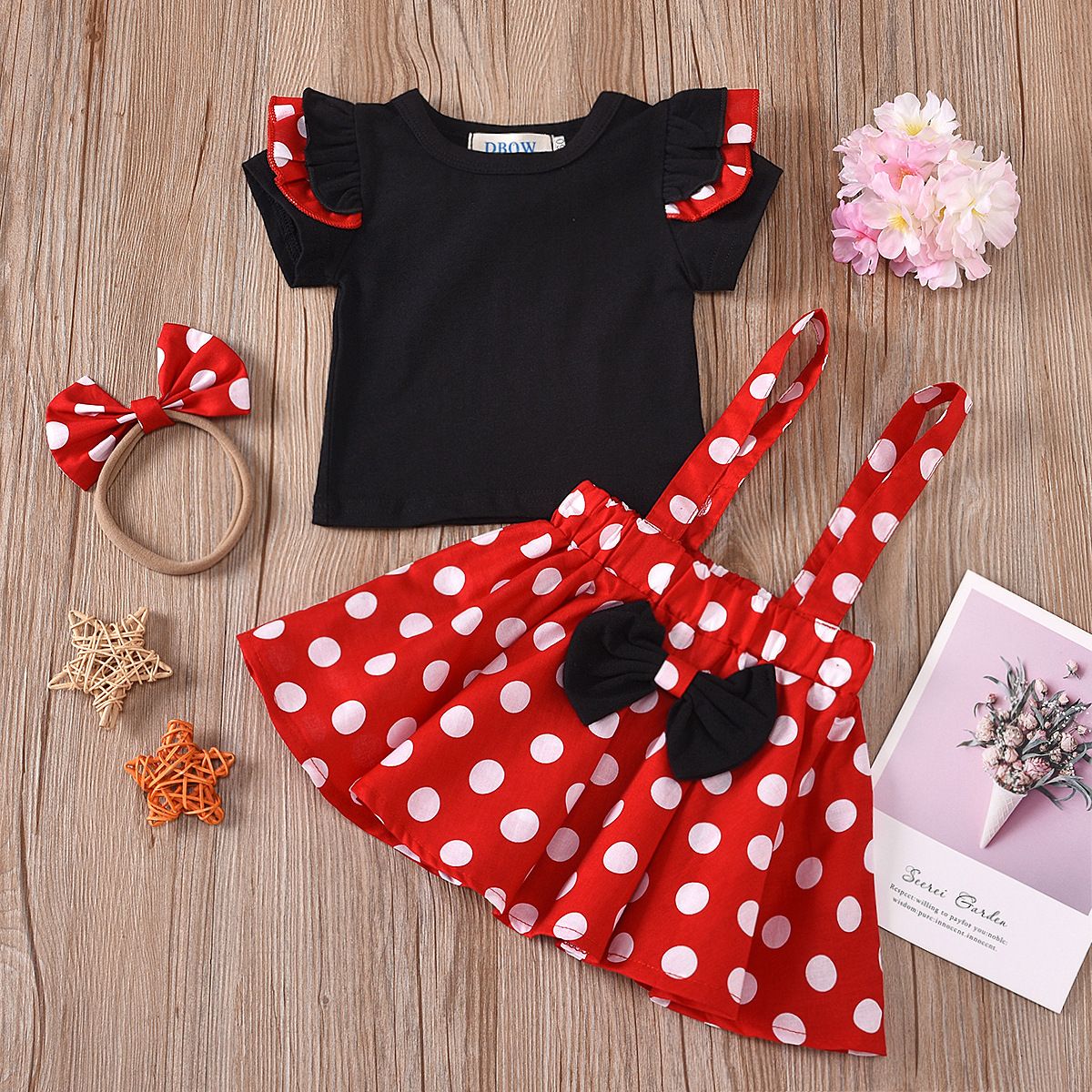 Foreign Trade New Style Girl Suit Lace Flying Sleeve Short Sleeved Top Polka Dot Suspender Skirt Butterfly Headband Three Piece Suit Trendy_viptrois.com