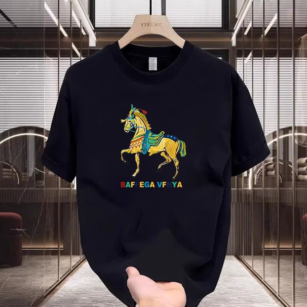 Men's Clothing Light Luxury Summer New Round Neck Short Sleeve Horse Print High End Cotton T_viptrois.com