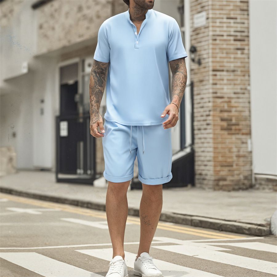 Men's Clothing Summer New Men's Short Sleeved T Shirt Henry Shirt Casual Loose Shorts Short Sleeved Solid Color Suit_viptrois.com