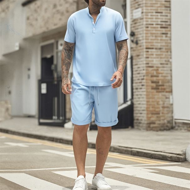 Men's Clothing Summer New Men's Short Sleeved T Shirt Henry Shirt Casual Loose Shorts Short Sleeved Solid Color Suit_viptrois.com