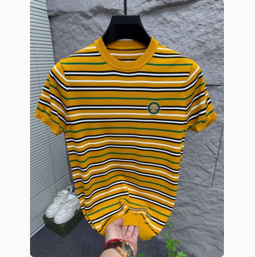 Men's Clothing Summer New Short Sleeved T Shirt Youth Trend Striped Ice Silk Half Sleeved Top Round Neck Thin Polo Shirt T Shirt_viptrois.com