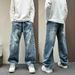 Men's Pleated Wide-Leg Jeans, Curved Hem Loose Fit Denim Pants With Layered Design For Casual Streetwear_viptrois.com