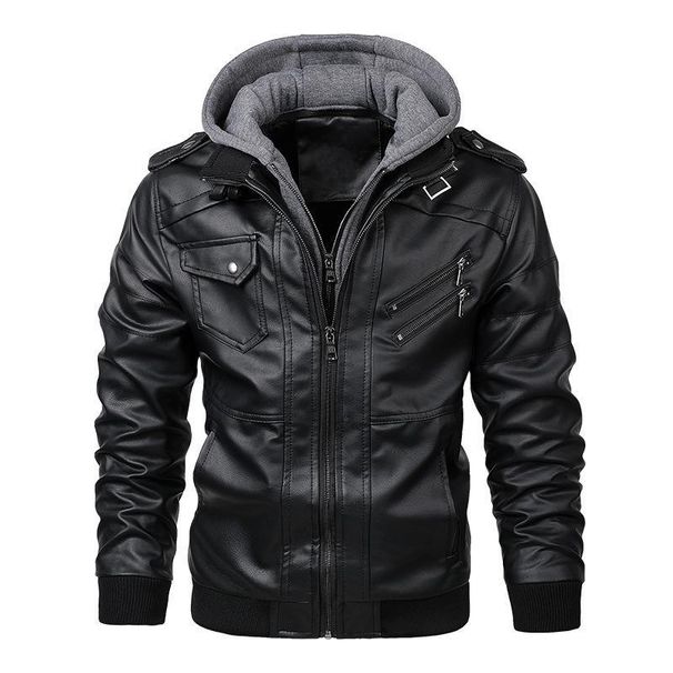 Male PU Hooded Collar Zipper Autumn Casual Slim Windbreaker Chaquetas Motorcycle Leather Jacket Men Winter Fleece Tactics Coat_viptrois.com