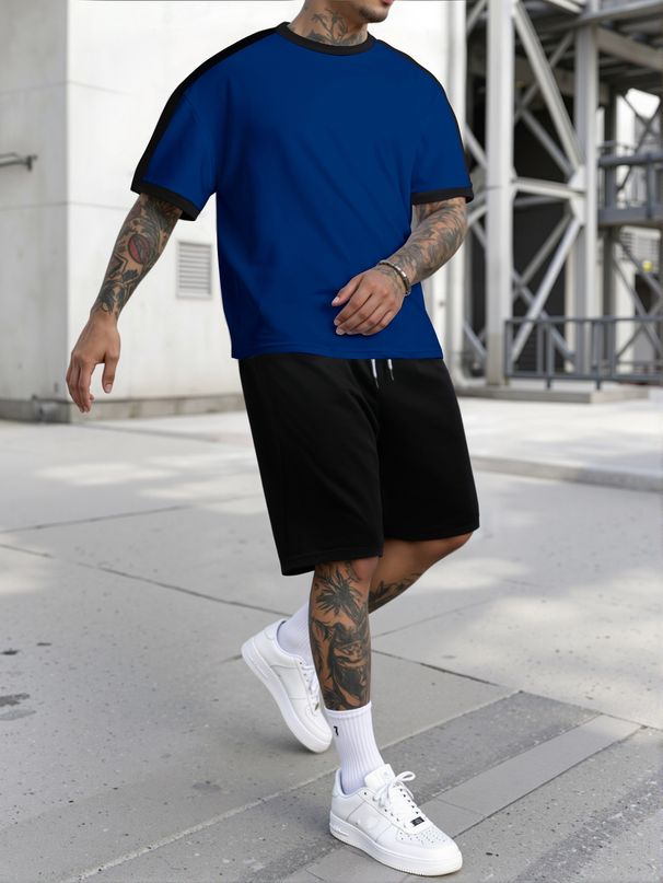 Men's Sports Round Neck T Shirt Set Color Matching Casual Running Short Sleeve_viptrois.com