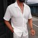 Men's Clothing Casual Knitted Shirt Solid Color Lapel Hollow Breathable Short Sleeved Top_viptrois.com