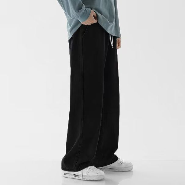 Jeans Men's Japanese Retro Elastic Waist Casual Straight Pants Wide Leg Pants_viptrois.com