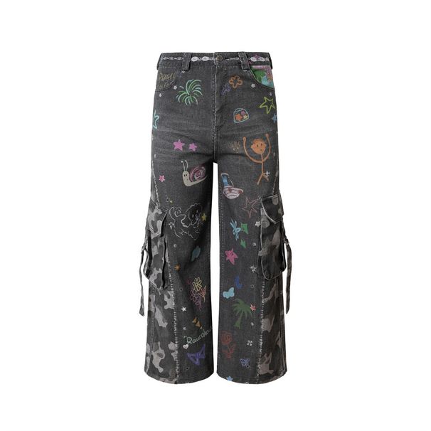 Full Graffiti Cartoon Print Workwear Denim Men's Hip-Hop Trend Niche Design Personality Loose Straight Pants_viptrois.com